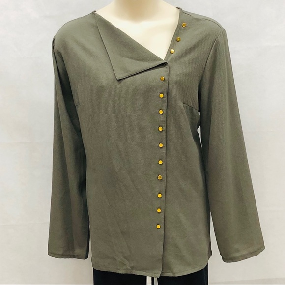 Tops - Olive green military abstract button down blouse